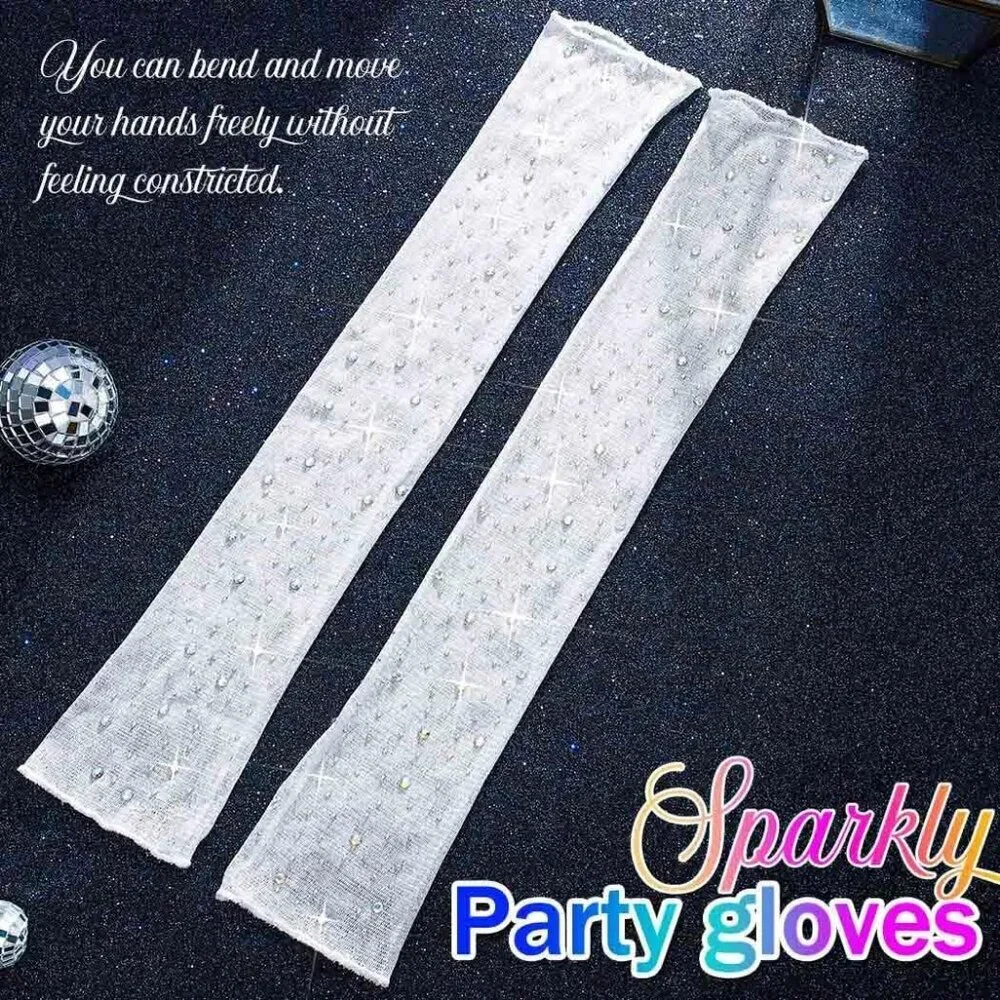 Women's Sparkly Rhinestone White Long Sleeves Fingerless Elbow Length Gloves